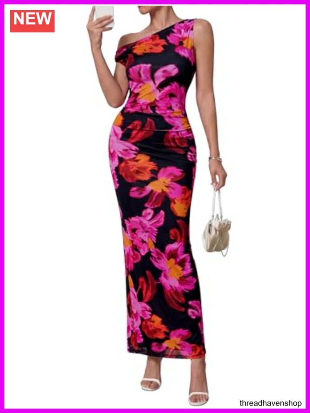 One Shoulder Floral Bodycon Maxi Dress Ruched Mesh Wedding Guest